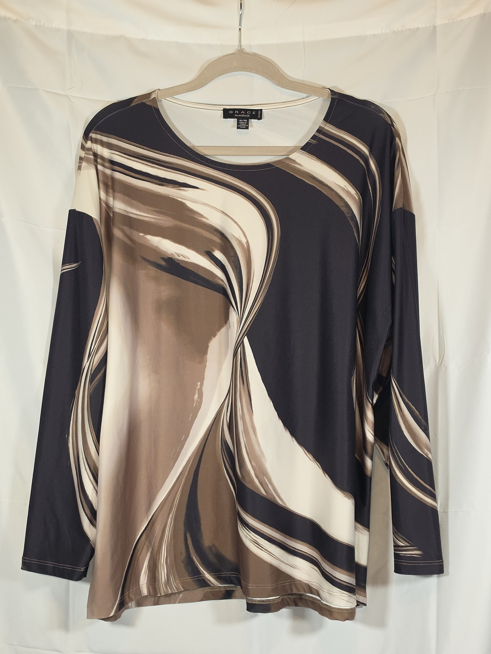 GRACE The Perfect Fit 1X Abstract Brown Black Beige Long Sleeve Top
